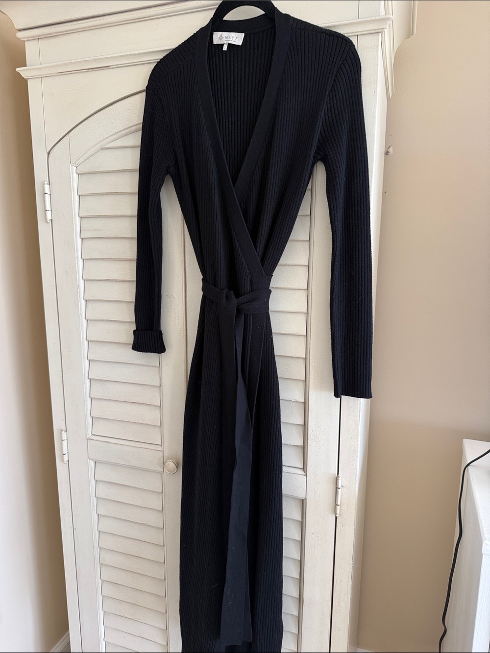Wayf Black Ribbed Wrap Maxi Dress with Tie Waist